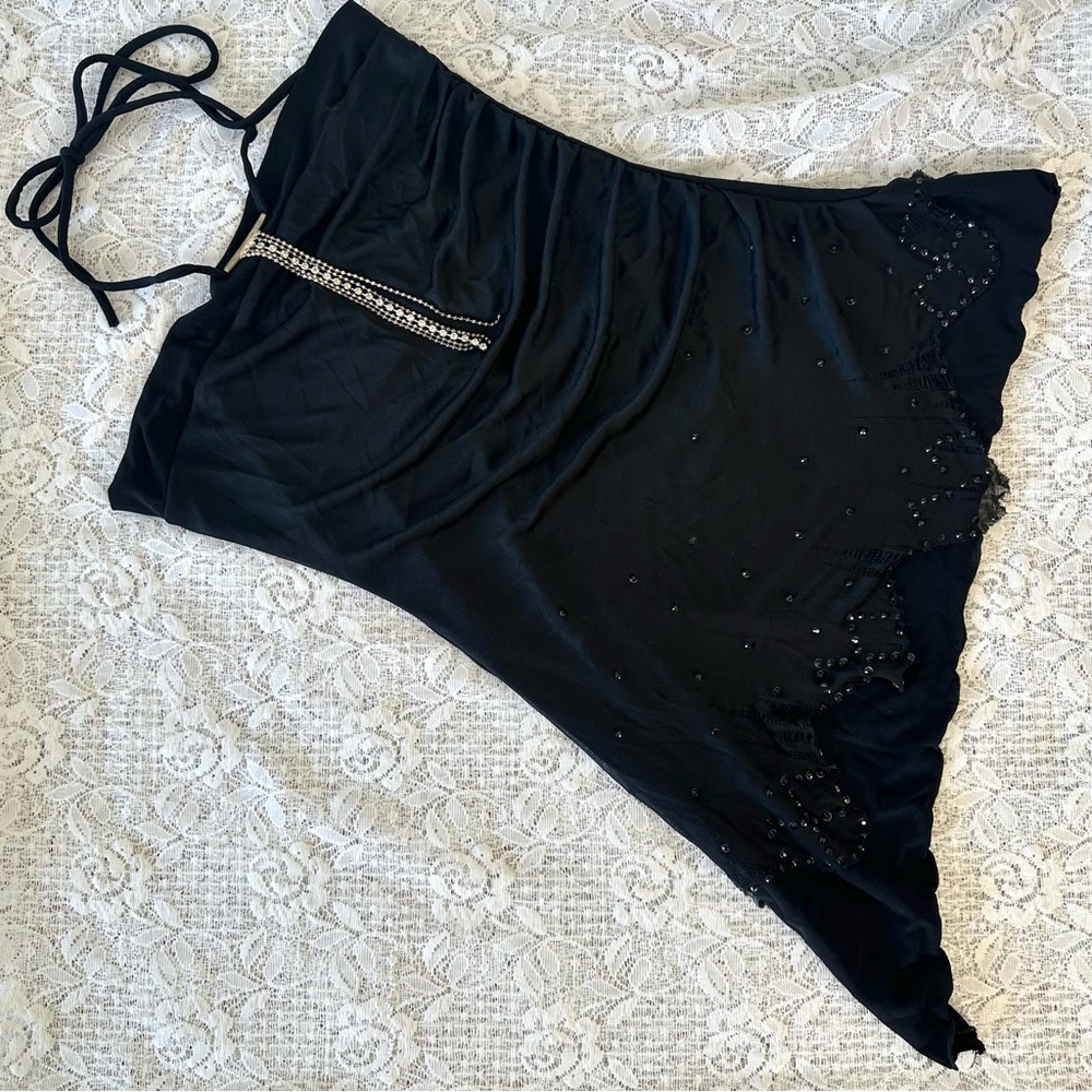 Y2K Glam Gildani USA Black Asymmetrical Beaded Fairy Halter Top